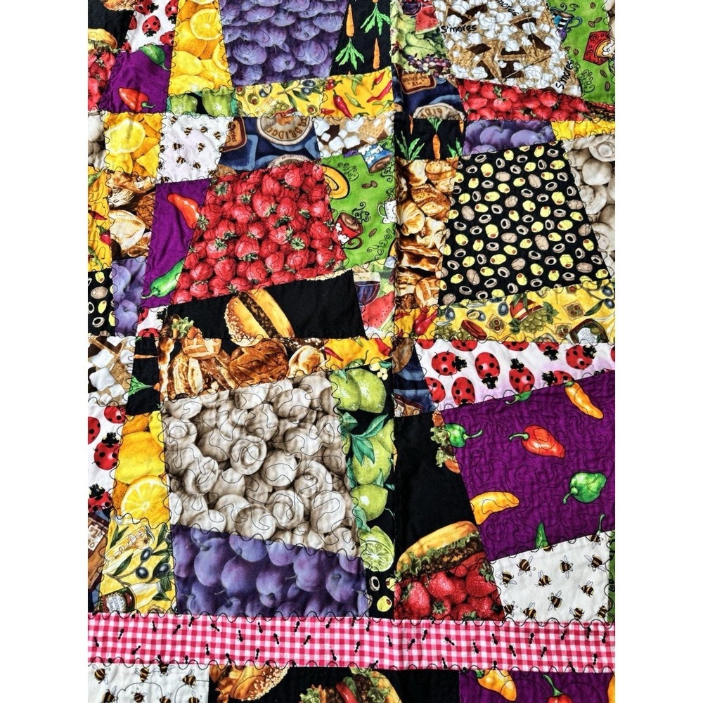 VTG Y2K Handmade N‎ Carolina Quilt 50x50 Lap Blanket Bright Colors Food Theme - Picture 5 of 9